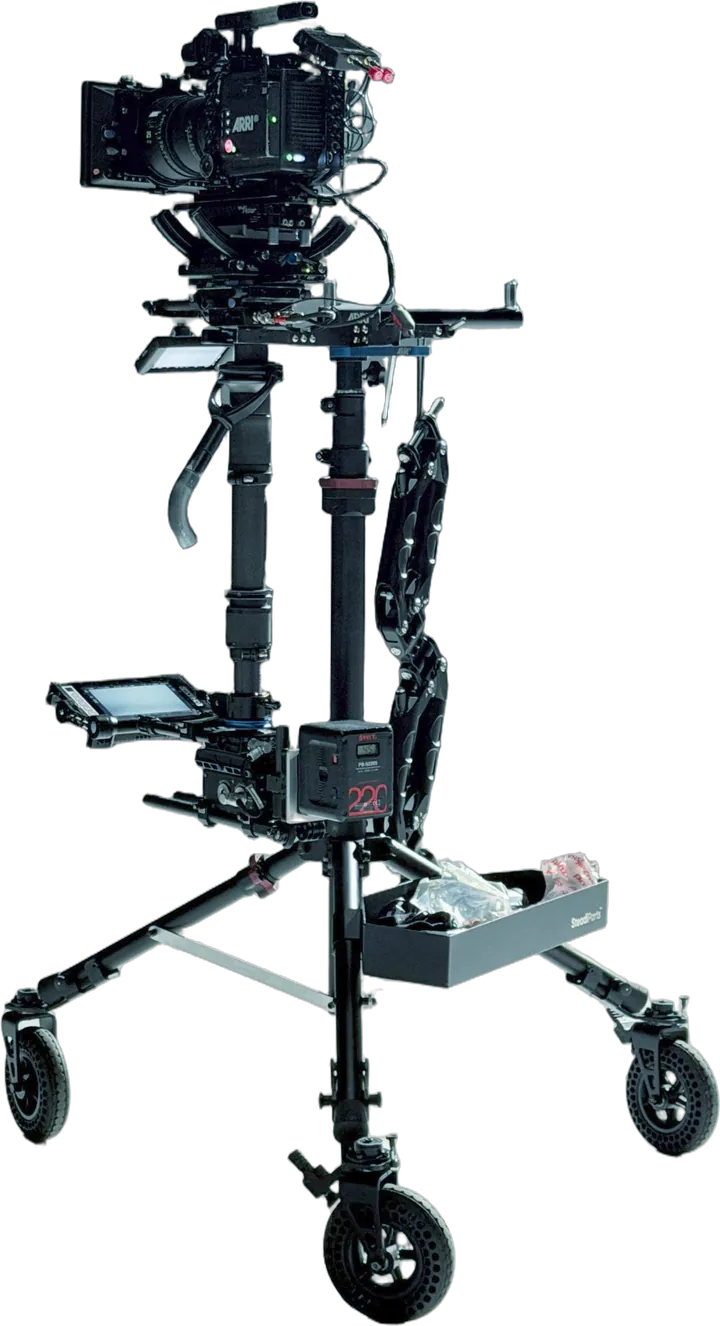 Steadicam sled with camera and arm, docked on a SteadiStand